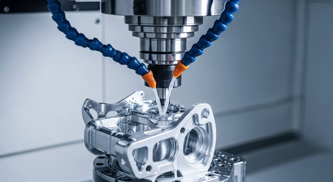 Gros plan dynamique d'une machine CNC multi-axes en train de fraiser précisément un composant complexe de vélo, comme une cage de dérailleur ou une couronne de fourche de suspension