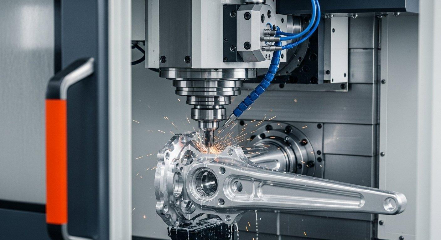 Dynamic multi axis CNC milling machine actively machining a complex aluminum bicycle crank arm. Close up on the cutting tool engaging the workpiec