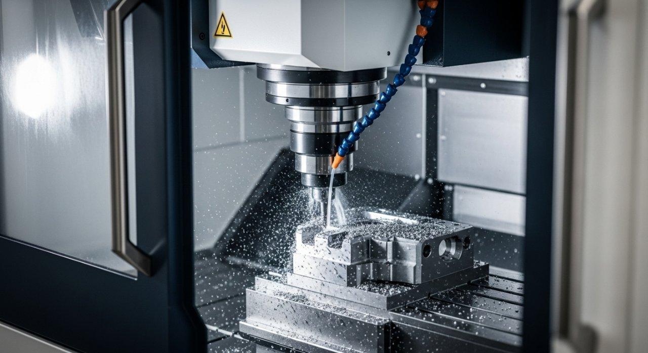 Dynamic shot of a modern 5-axis CNC machining center in full operation, showcasing high-performance manufacturing. Cutting fluid actively cools a workpiece while the machine's slightly open enclosure reveals the intricate tool path, highlighting advanced precision engineering and industrial automation.