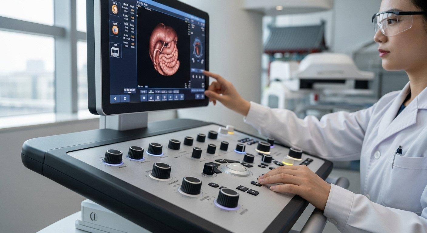 Eleganter High-End-Audio-Mixer oder medizinischer Diagnostik-Console mit mehreren präzise gefertigten CNC-Metallknöpfen, integriert für eine überlegene und p