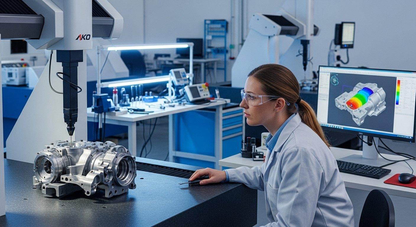 Ingeniero mide pieza mecanizada con CMM en CNC la