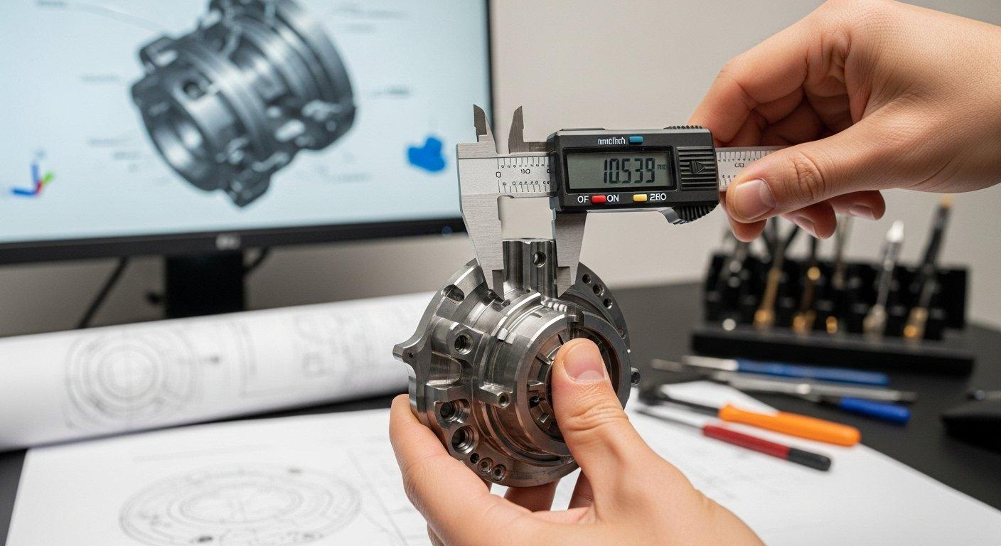 Ingeniero midiendo pieza mecanizada con calibrador digital