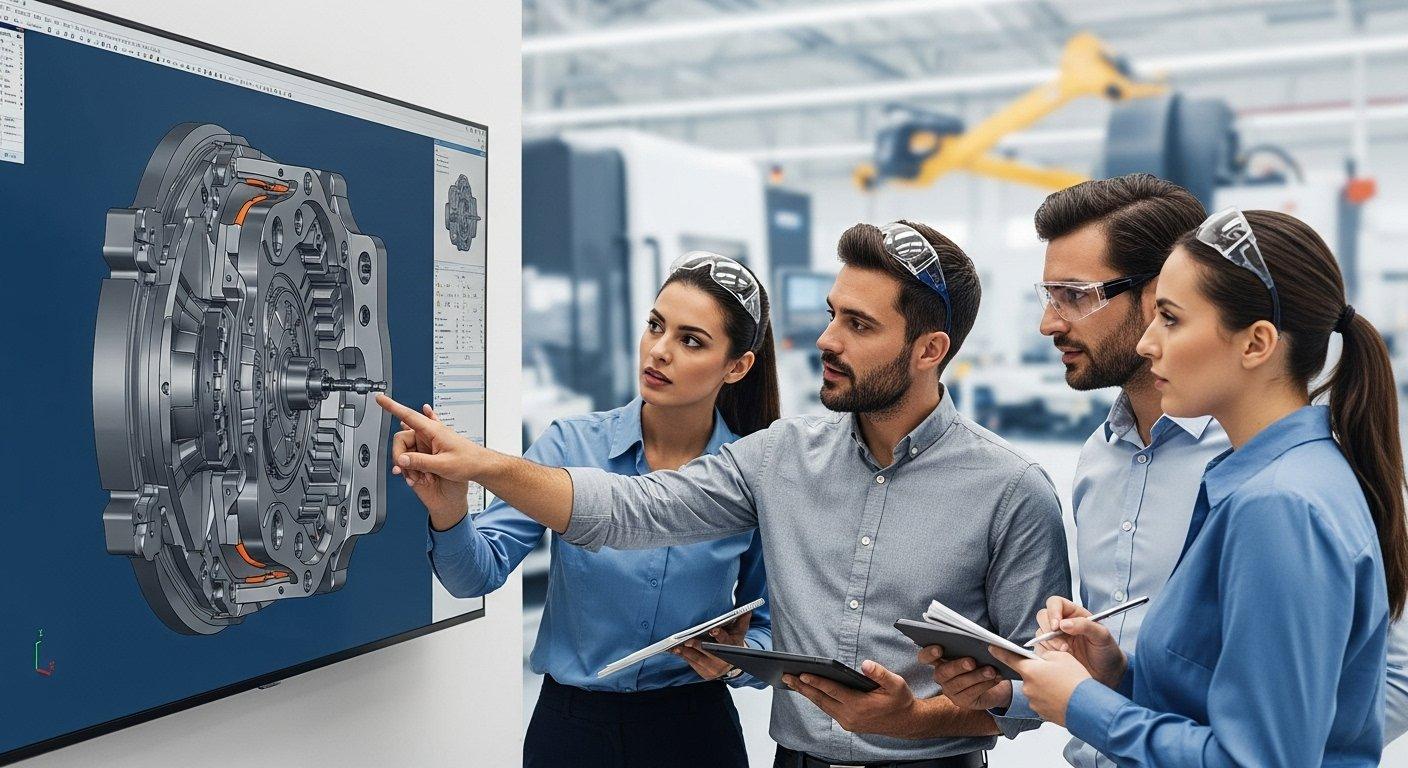 Ingénieurs discutent des alliages pour l'usinage de précision