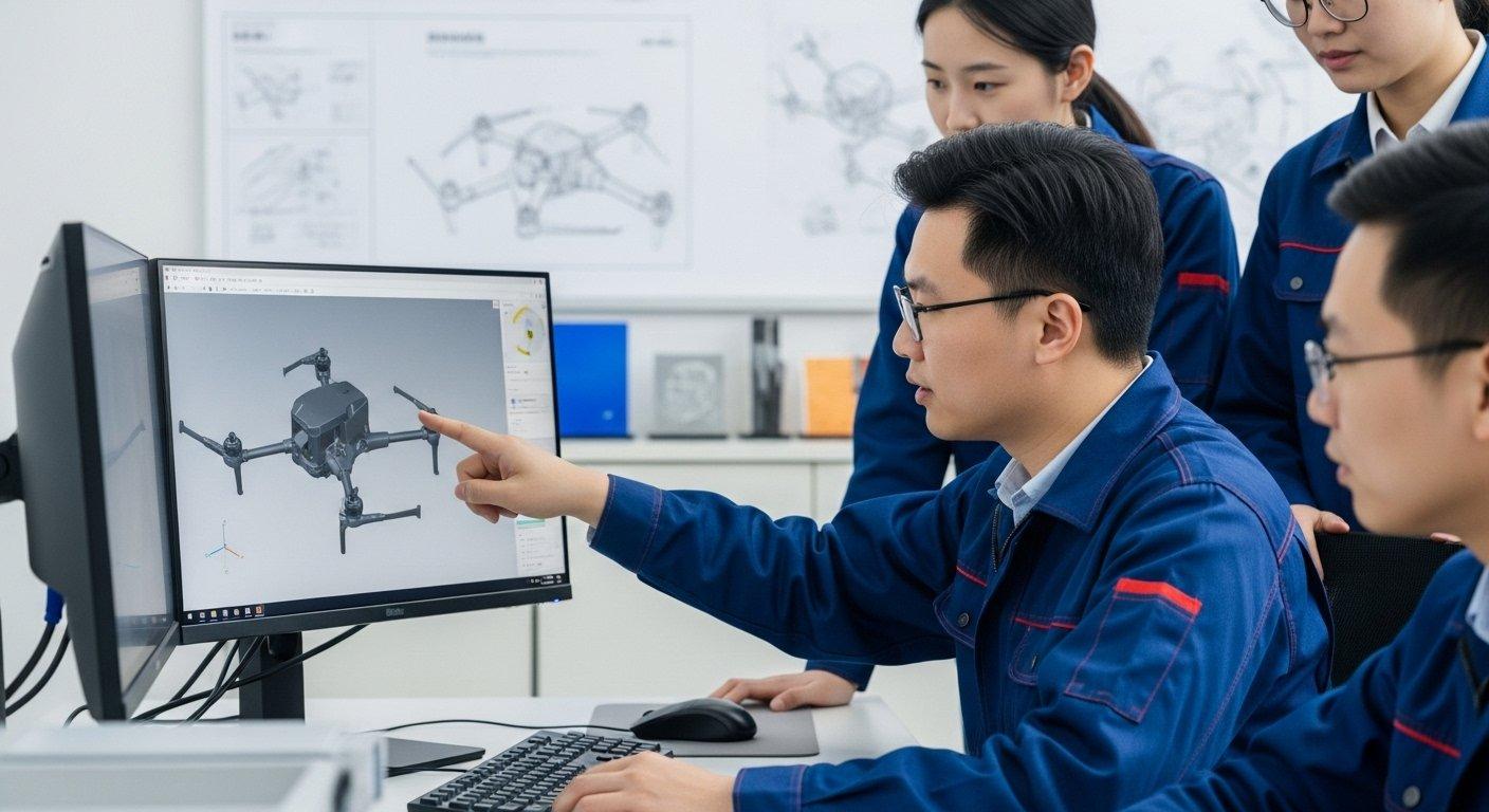 Engineers meticulously review a 3D CAD model of a drone component at a workstation collaborating on CNC machining material selection design opti