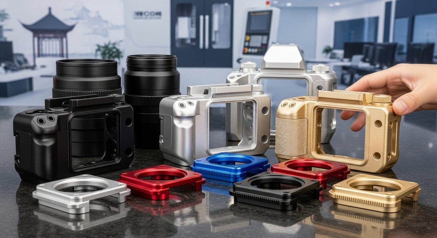 Exquisitely finished CNC machined aluminum camera housing components in various anodized colors matte black silver deep blue and surface