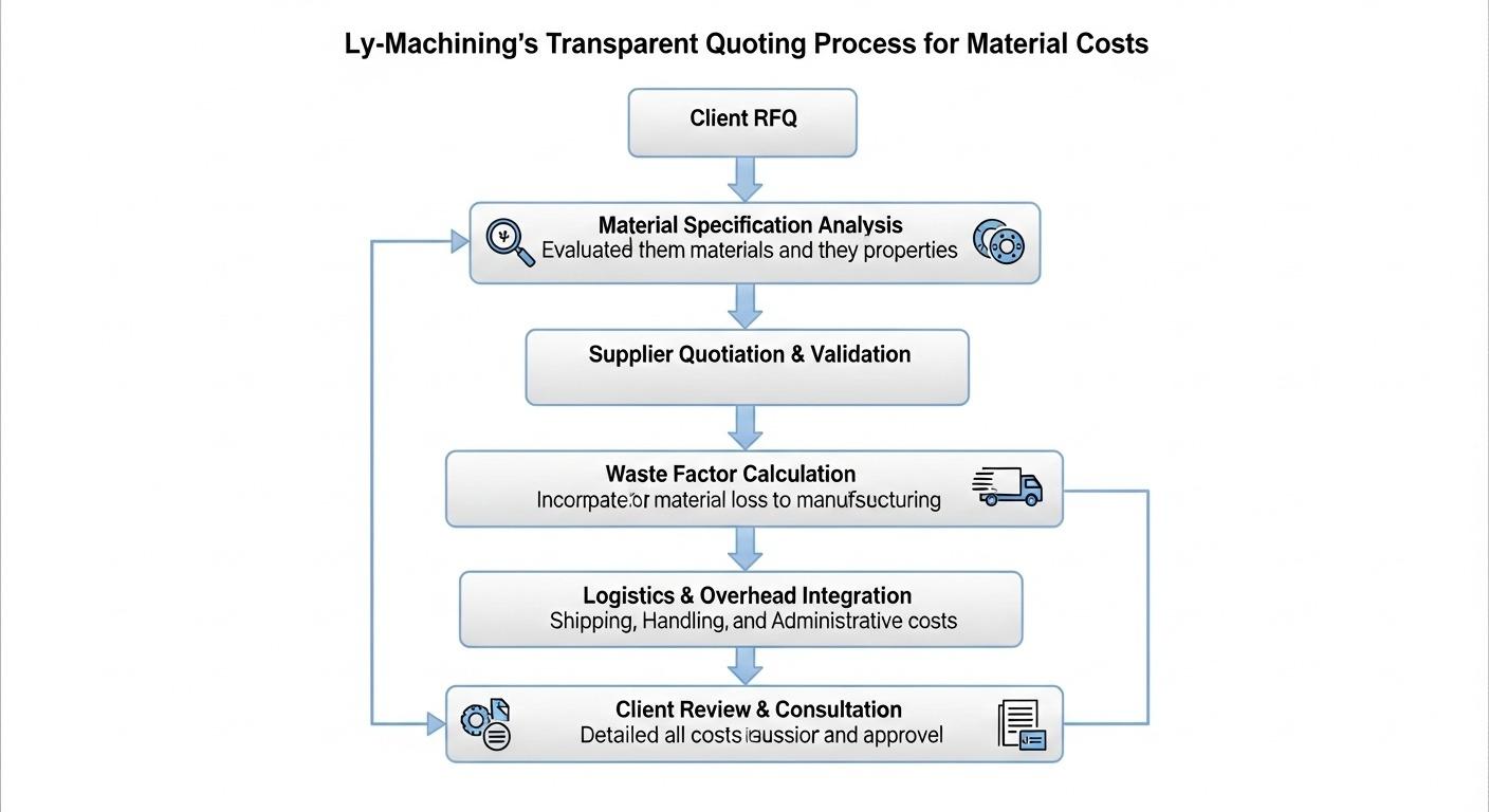 Flowchart detailing ly machinings transparent material cost quoting process encompassing client RFQ material analysis supplier quotation wast