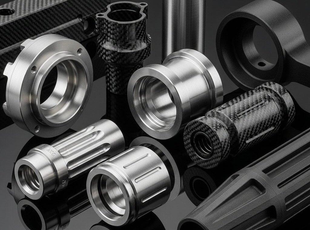 Hochwinkel-Studioshot, das eine vielfältige Sammlung präzise CNC-gefertigter Teile zeigt, hergestellt aus fortschrittlichen Materialien wie Titan, Kohlefaser 1 e1761120323965