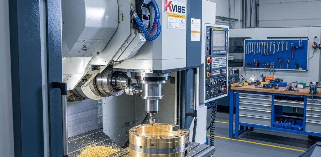 Vista en ángulo alto de una máquina CNC moderna de múltiples ejes cortando meticulosamente una pieza de latón en un taller limpio y organizado. La máquina bien iluminada demuestra precisión, tecnología avanzada y una evacuación eficiente de virutas, encarnando experiencia en capacidades de fabricación avanzada.