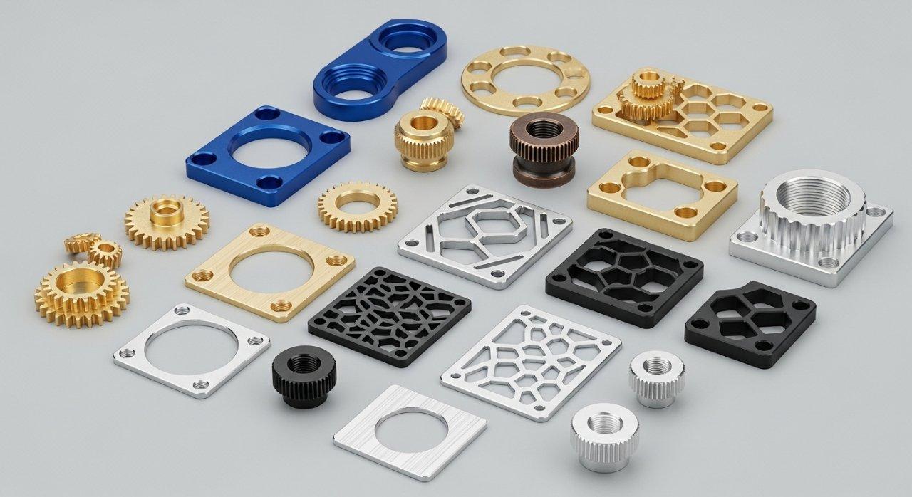 High-angle view of an artfully arranged collection of high-precision CNC machined decorative components, showcasing diverse brass parts with polished, brushed, and plated finishes alongside aluminum parts with blue, black, and silver anodized colors, highlighting manufacturing capability in varied aesthetics.