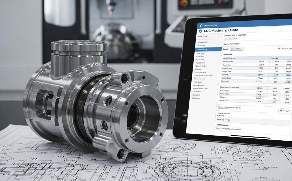 Primer plano en alta definición de un componente aeroespacial complejo, de precisión mecanizado, en un dibujo técnico anotado, junto a una pantalla de tableta digital 1 e1759826718448