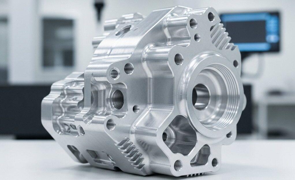 Gros plan en haute définition d'une pièce en alliage d'aluminium complexe fraîchement usinée et brillante sur une surface de salle blanche stérile. Flou de la qualité avancée 1 1 e1759822076986