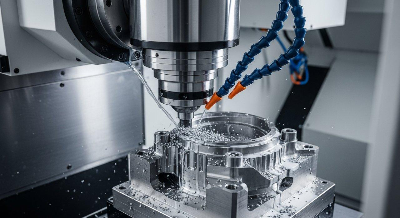 Hochdetailliertes Action-Shot eines glänzenden 5-Achs-CNC-Maschine, die präzise eine komplexe Luft- und Raumfahrtkomponente aus einem Titanblock mit Kühlmittel schneidet