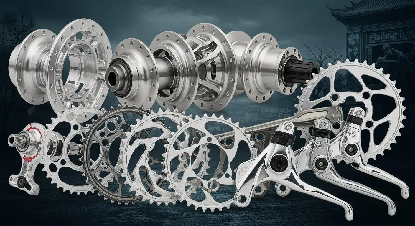 Pièces de vélo de haute performance usinées avec précision par CNC, comprenant des moyeux légers, des plateaux complexes, des leviers de frein polis et un composant de suspension