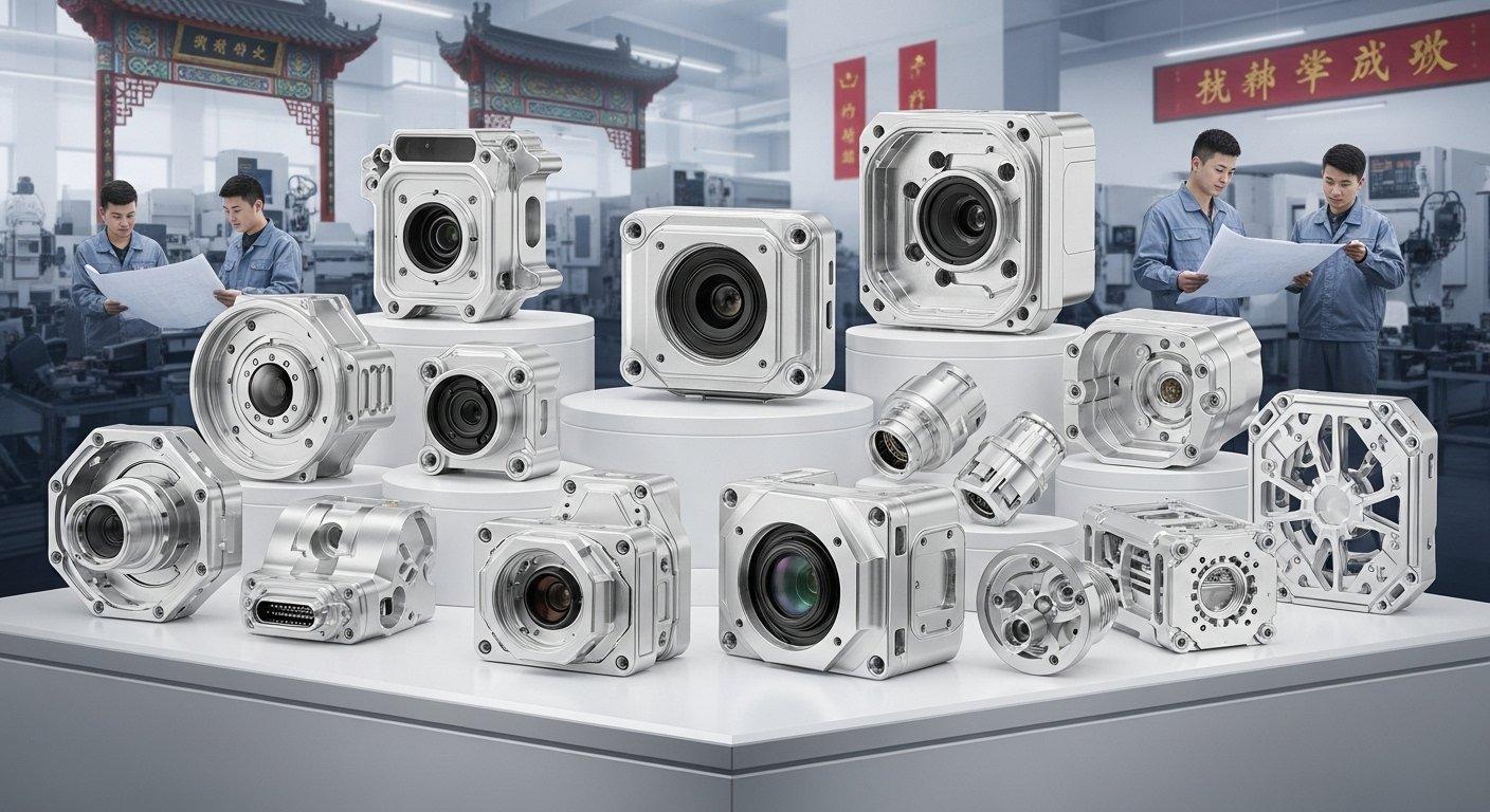 High precision CNC machined camera housings for drones security cameras medical imaging electronic enclosures and connectors displaying