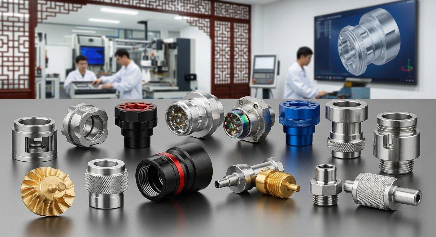 Colección de componentes metálicos mecanizados con alta precisión CNC, incluyendo perillas personalizadas, piezas para dispositivos médicos, conectores aeroespaciales y componentes industriales intrincados