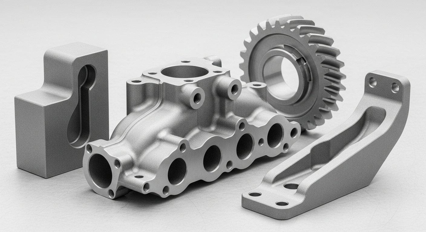 Piezas metálicas de alta precisión mecanizadas por CNC, un engranaje de colector complejo y un soporte aeroespacial que muestran un acabado mate uniforme y finamente arenado