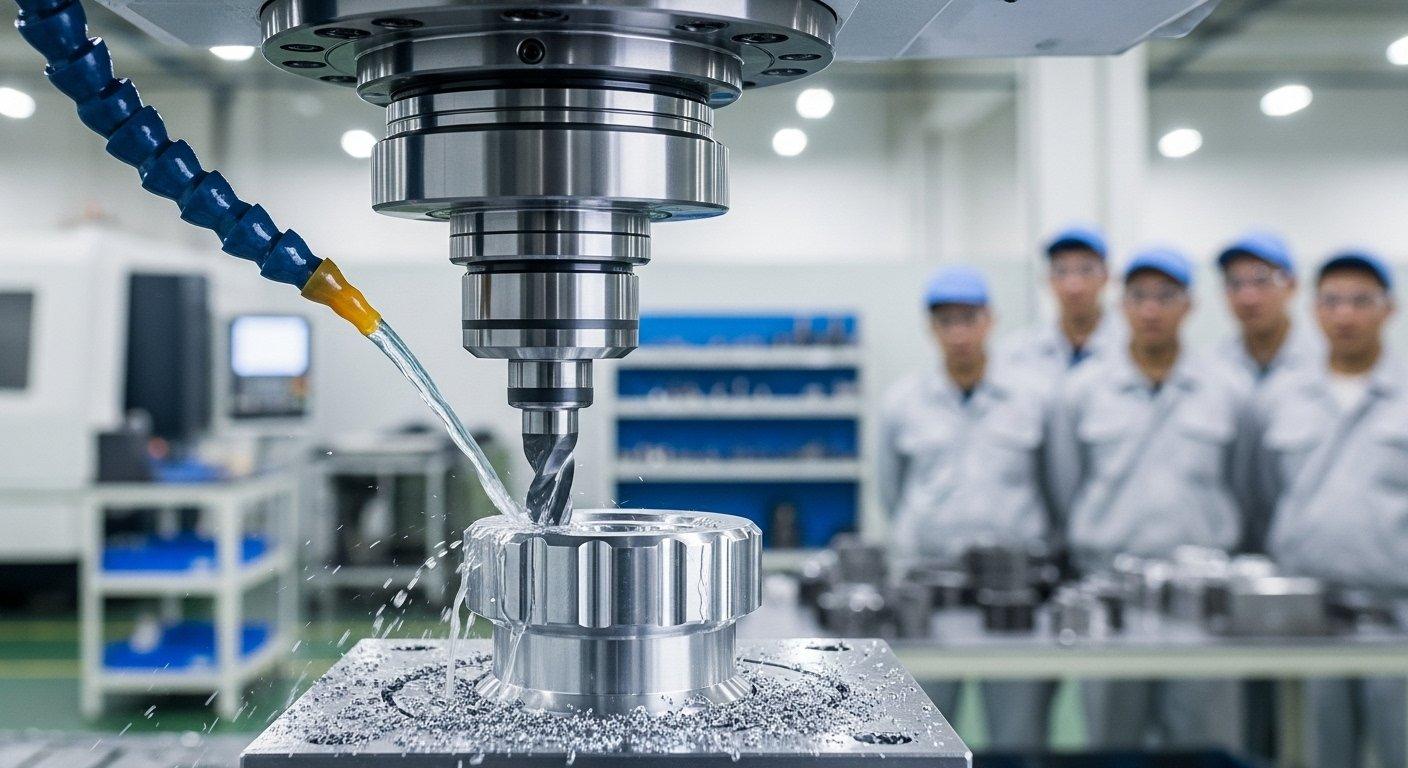 Primer plano de alta resolución de un husillo de máquina CNC cortando con precisión un componente de perilla metálica personalizada con fluido de enfriamiento. Entorno de fábrica moderno y limpio