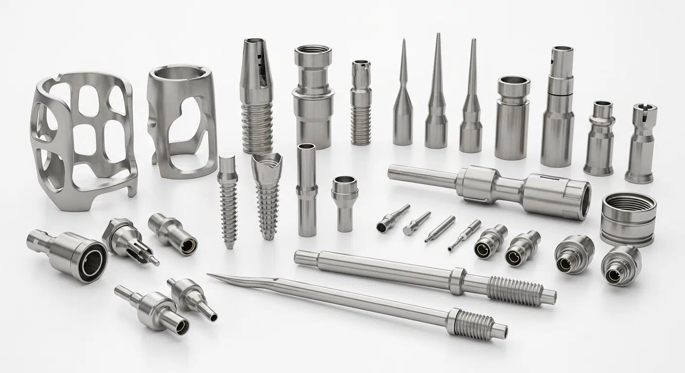 Yüksek çözünürlüklü, ultra hassas işlenmiş tıbbi cihaz bileşenleri koleksiyonu; titanyum implantlar, cerrahi alet parçaları ve medikal ürünleri içerir
