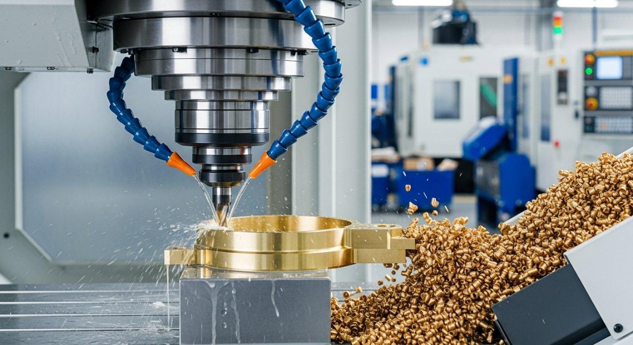 Foto de alta resolución que muestra un centro de mecanizado CNC moderno que fresado con precisión un componente de latón. El refrigerante fluye activamente resaltando el latón limpio