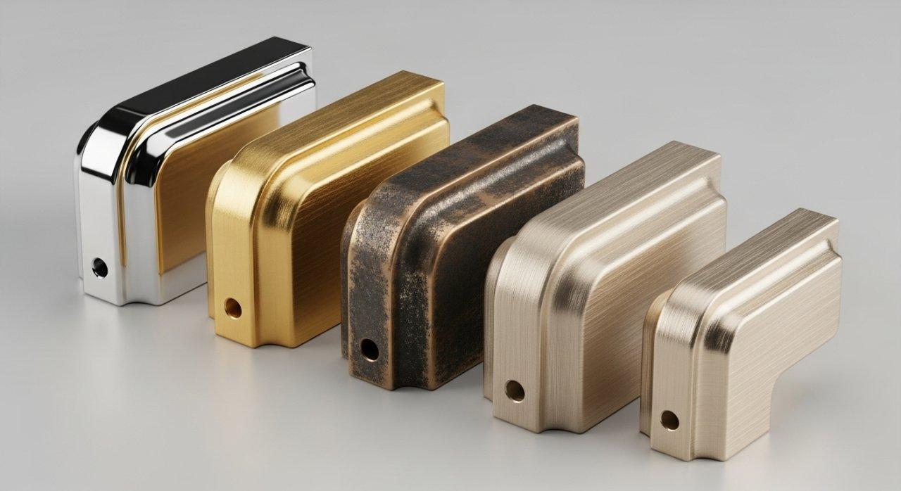 High-resolution product collection featuring five distinct CNC machined brass decorative components, each showcasing a unique finish: highly polished, gold-plated, antique patina, brushed, and clear lacquer, highlighting the versatile beauty of brass surface treatments.