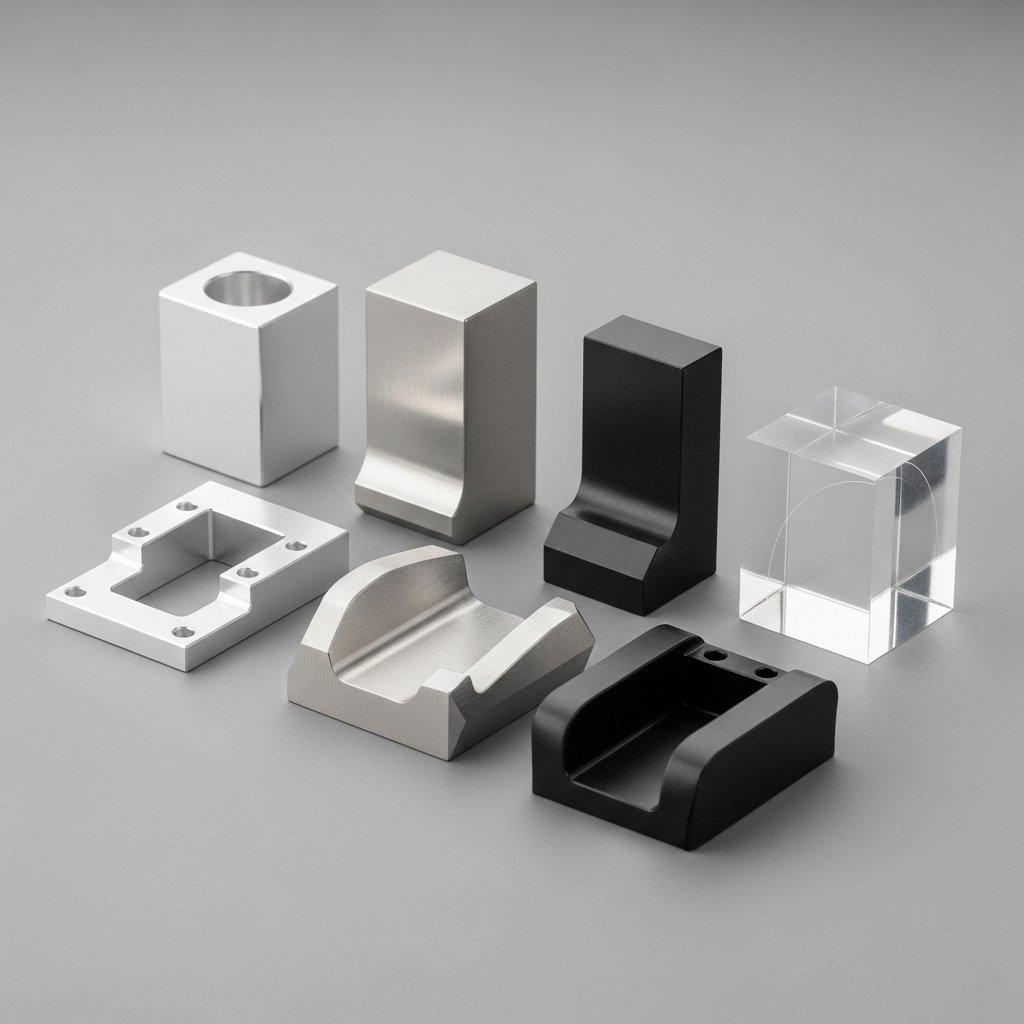 Prise de vue en studio haute résolution présentant une disposition esthétique de petites pièces finement usinées par CNC. Les matériaux incluent l'aluminium poli, l'acier inoxydable brossé, l'acrylique transparent et le Delrin noir, mettant en valeur des finitions diverses et une ingénierie de précision.