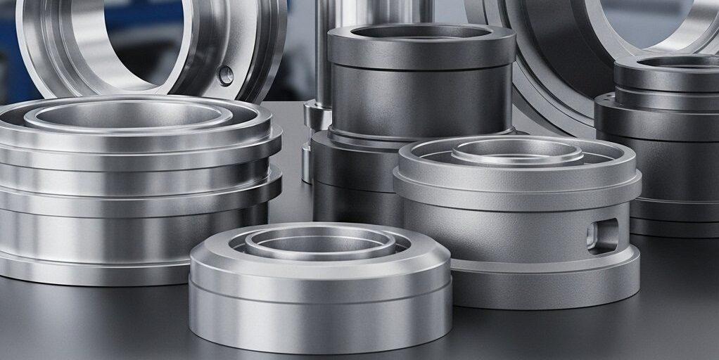 Toma en estudio de alta resolución de piezas metálicas intrincadamente mecanizadas por CNC mostrando diversos acabados superficiales suaves y mates. Destaca la precisión en 1 e1759821589667