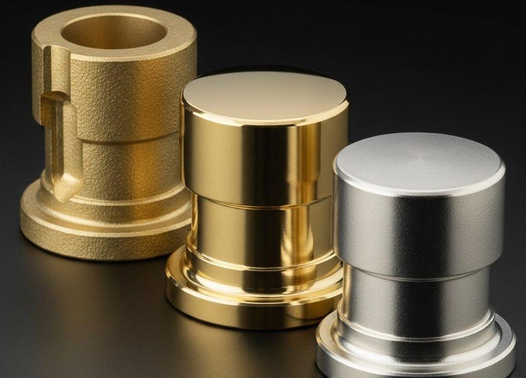 Hochauflösendes Studiofoto von drei identischen, präzise CNC-gefertigten Messingkomponenten. Eine Komponente befindet sich im rohen, bearbeiteten Zustand und zeigt ty 1 e1761101495315