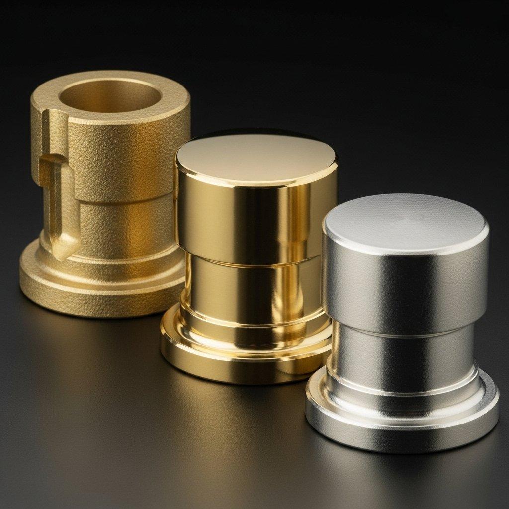 Hochauflösendes Studiofoto von drei identischen, präzise CNC-gefertigten Messingkomponenten. Eine Komponente ist im rohen, bearbeiteten Zustand und zeigt typische Werkzeugspuren, die zweite ist sorgfältig poliert und reflektiert Licht wie ein Spiegel, und die dritte ist mit einer gleichmäßigen, hell silbernen Beschichtung nickel-elektroplattiert. Dieses Bild hebt die transformative Wirkung verschiedener Oberflächenbehandlungen auf Messing hervor und betont Qualität und Präzision in der Fertigung.