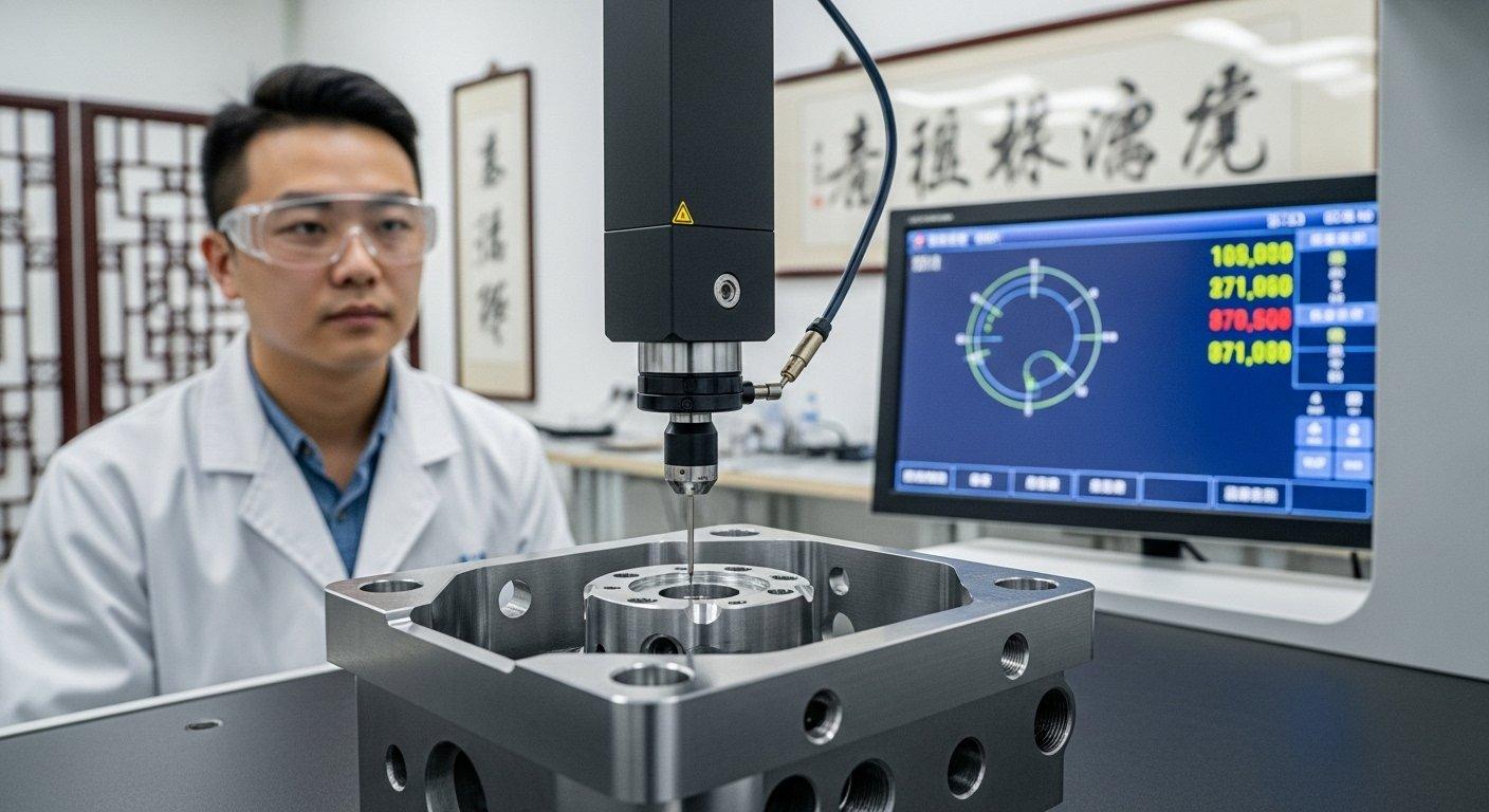 Zoom très détaillé d'une sonde CMM effectuant une mesure de précision sur une caractéristique complexe d'un boîtier de caméra usiné CNC, mettant en évidence la criticité