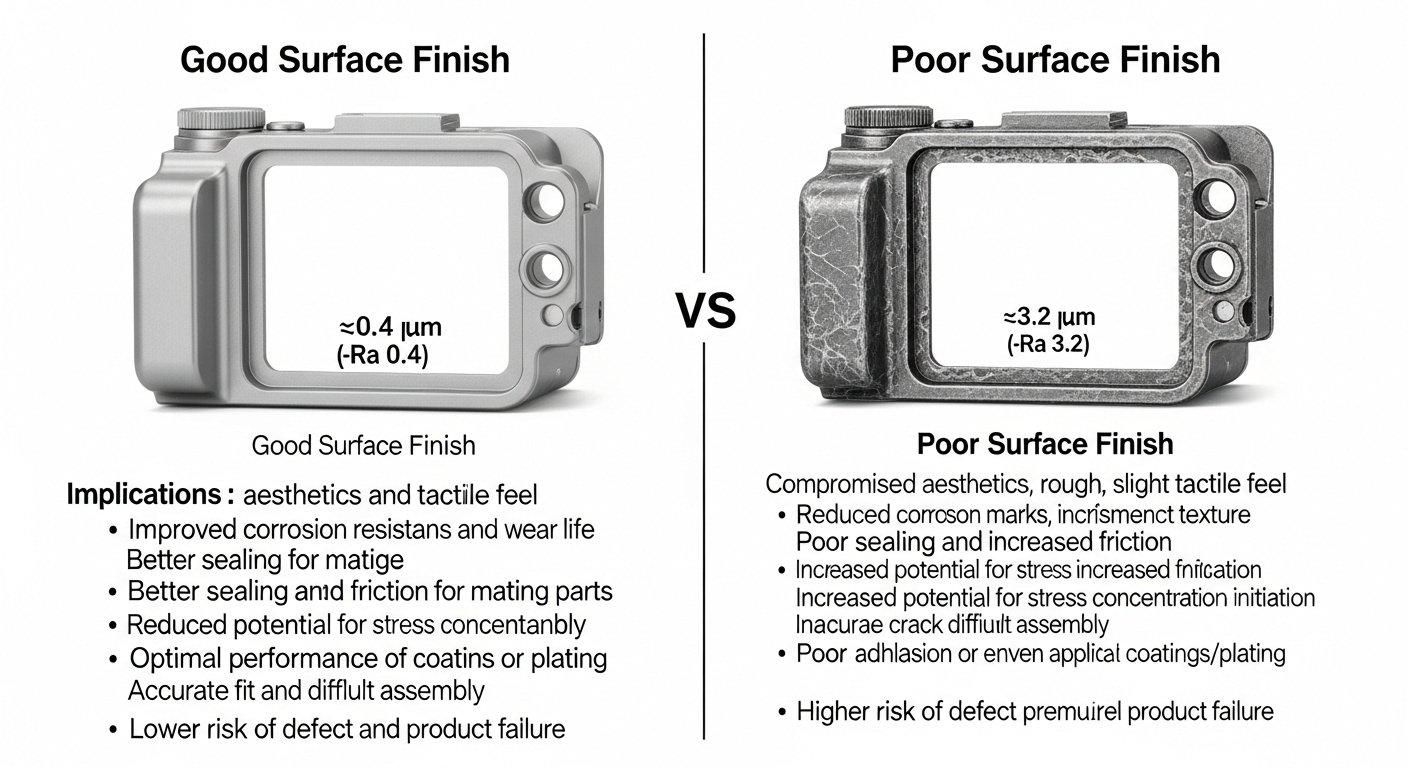 Comparaison illustrée entre une finition de surface bonne et mauvaise sur un boîtier de caméra usiné CNC, détaillant une texture lisse, valeur Ra, traces d'outil visibles