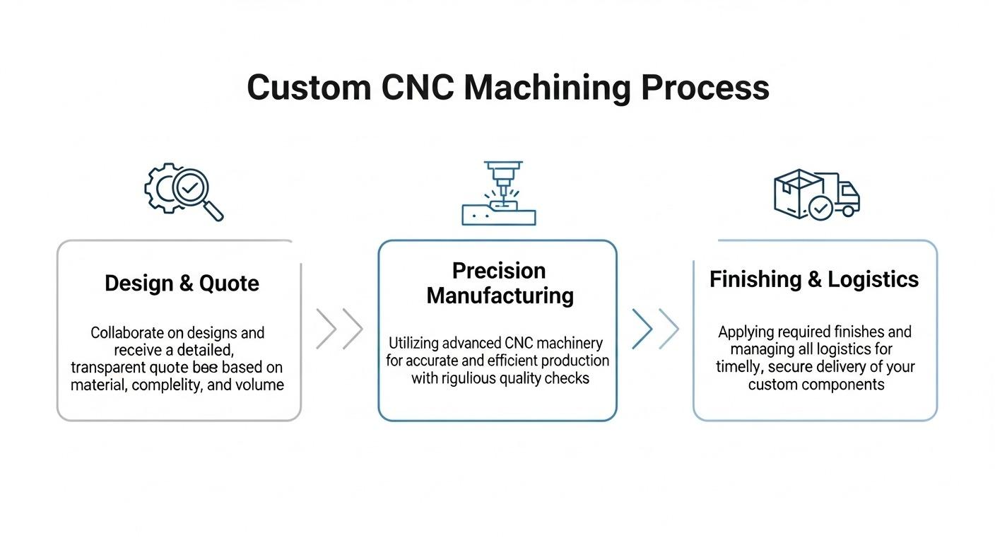Infografía del proceso de mecanizado CNC personalizado en 3 pasos