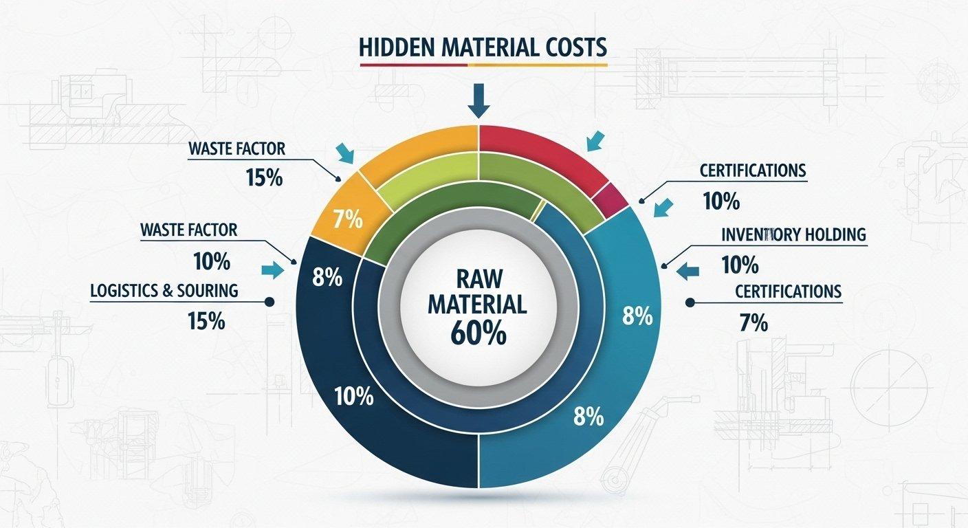 Infographic Multi layered pie chart illustrating total material cost breakdown. Inner layer shows raw material cost outer layers detail hidden m