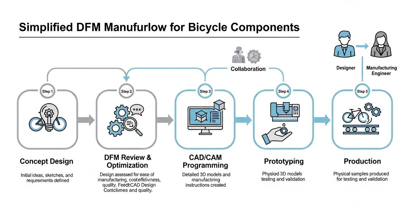 Infographic Simplified Design for Manufacturability DFM workflow for CNC machined bicycle components outlining collaborative steps from concep