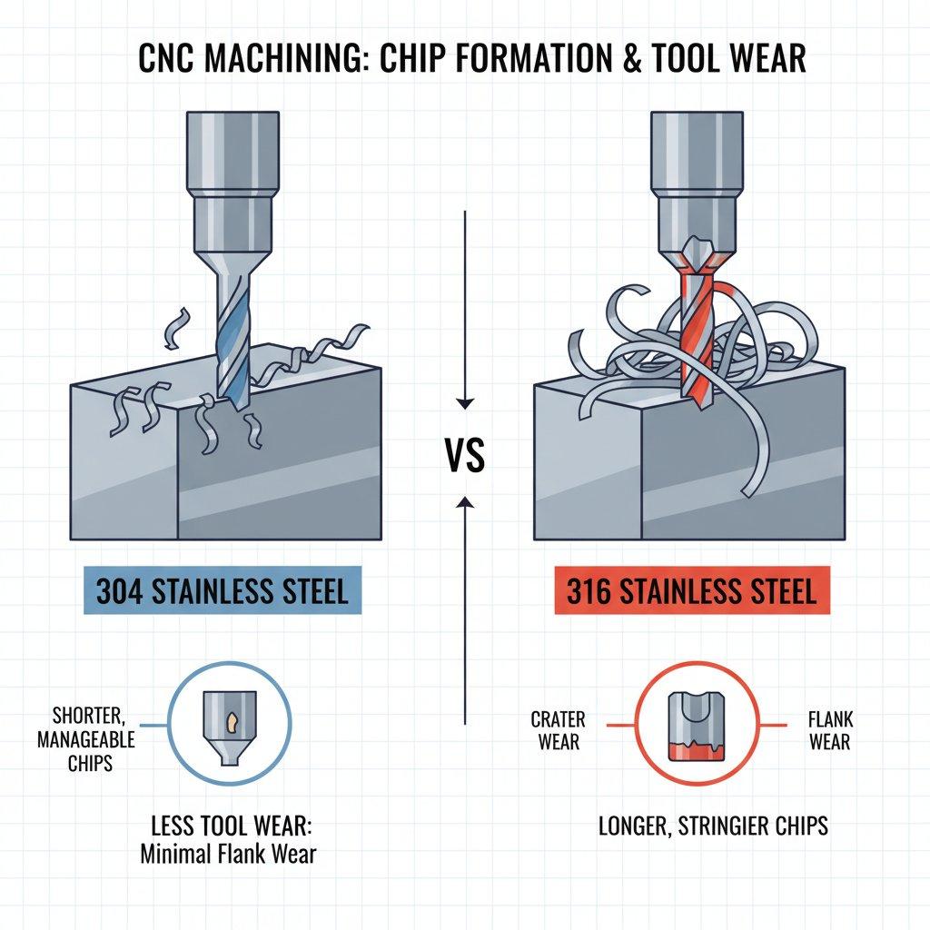 Infographic clearly comparing chip formation and tool wear during CNC machining of 304 vs 316 stainless steel. The 304 side illustrates shorter, more manageable chips and less cutting tool wear, while the 316 side depicts longer, stringier chips and more pronounced tool wear (cratering, flank wear) using clear icons.