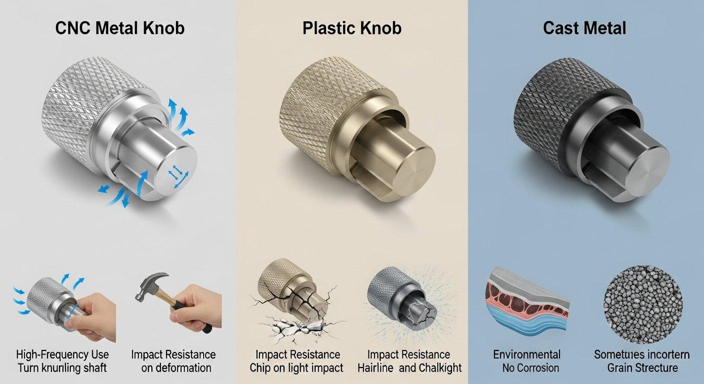 Infografik, die die Haltbarkeit und Belastungspunkte von CNC-Metallknöpfen, Kunststoffknöpfen und gegossenen Metallknöpfen vergleicht und den Kunststoffabbau zeigt