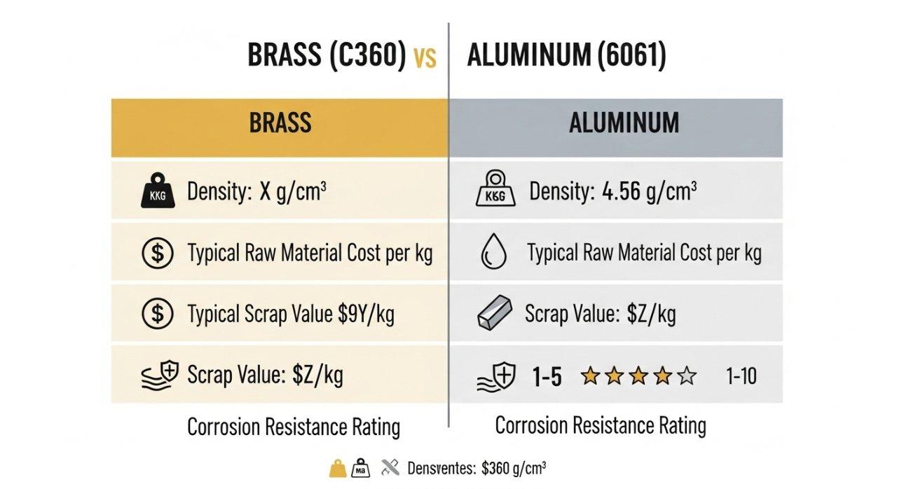 Infographic comparing key physical and economic properties of brass (C360) and aluminum (6061). This visual guide details their differences in density, typical raw material cost per kg, typical scrap value per kg, and corrosion resistance ratings, serving as a helpful resource for material selection and engineering decisions.
