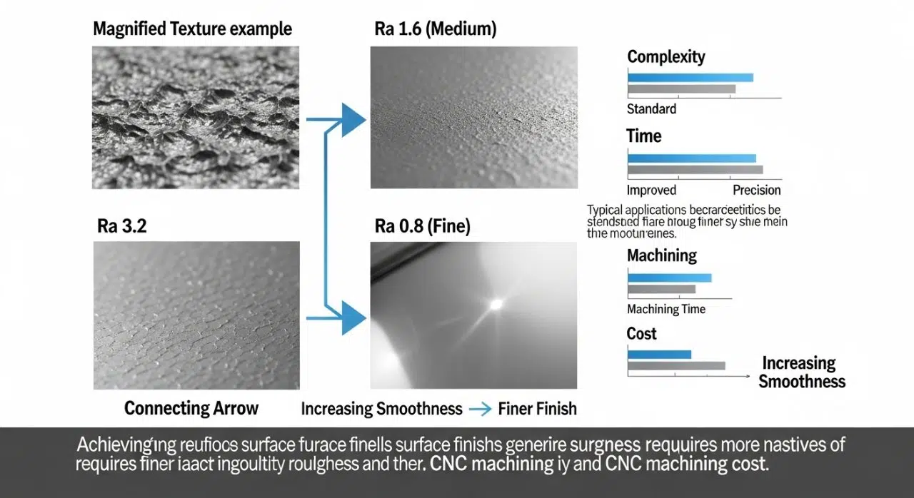 Infographie comparant les finitions de surface (Ra 3.2, 1.6, 0.8) avec textures, illustrant l'augmentation du coût, du temps et de la complexité de l'usinage CNC pour une rugosité plus fine.