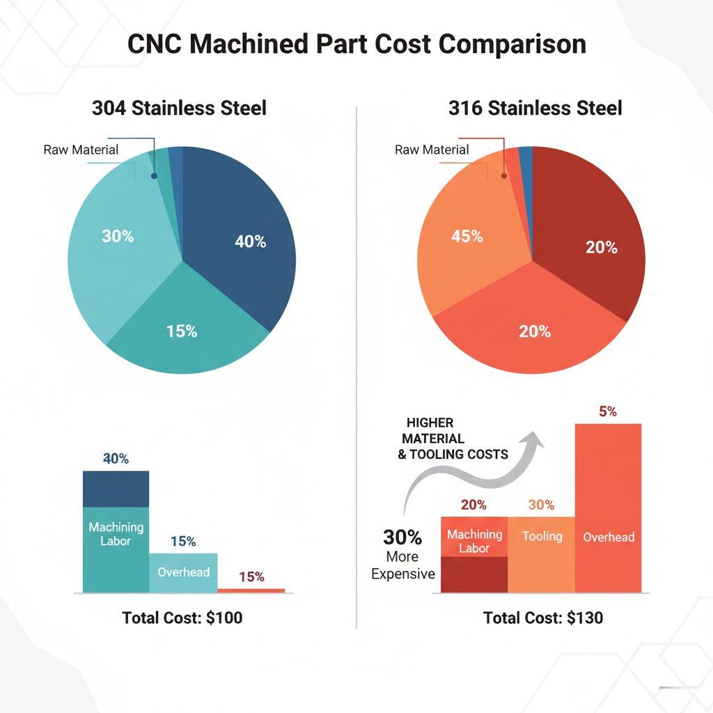 Infographic comparing the detailed cost breakdown of CNC machined parts made from 304 versus 316 stainless steel. Visual bar charts illustrate the