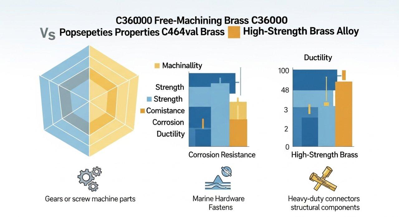 Infografik, die die wichtigsten Eigenschaften von C36000 Freifahr-Messing, C46400 Marine-Messing und einer hochfesten Messinglegierung vergleicht. Dieses klare Balkendiagramm