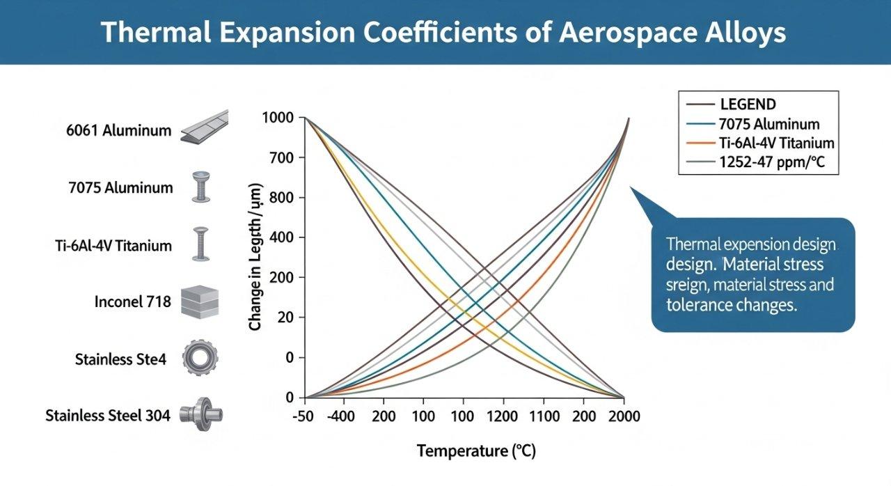 Infographic comparing the thermal expansion coefficients of 6061 aluminum, 7075 aluminum, and titanium aerospace alloys. It visually demonstrates how temperature changes affect the dimensional stability and material expansion for these critical engineering metals used in aerospace applications.