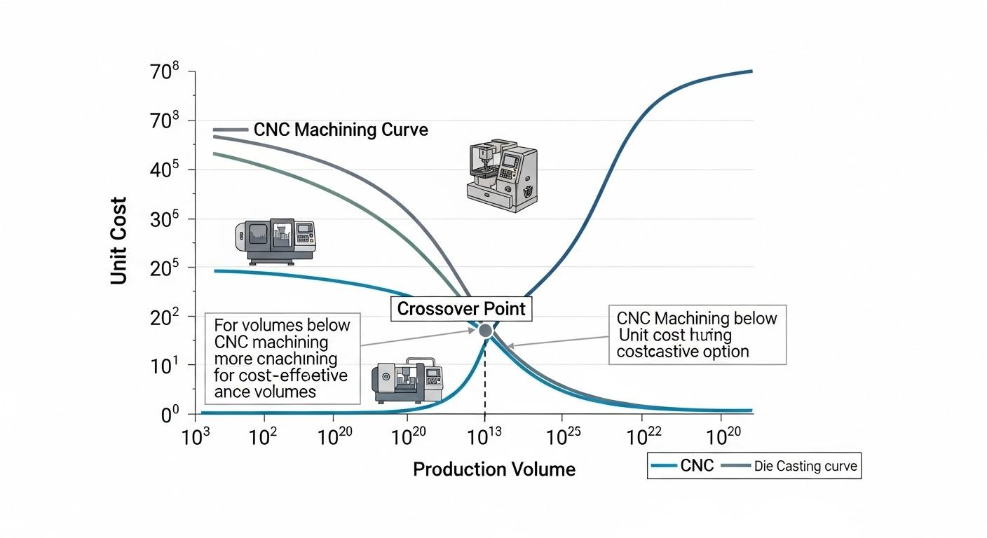 Infografía comparando el costo unitario versus volumen de producción para la fabricación de carcasas de cámaras usando mecanizado CNC y fundición a presión. El gráfico muestra
