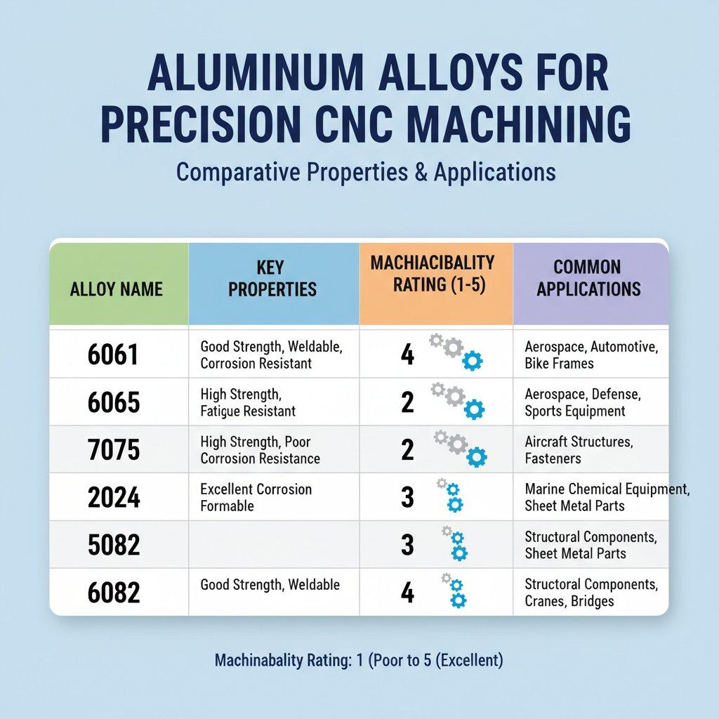 Infographic comparison table detailing aluminum alloys suitable for precision CNC machining including 6061 7075 and 2024. It compares key prope