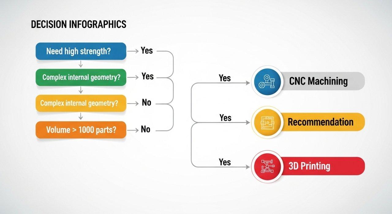 Infografik-Entscheidungsflussdiagramm, das Benutzer bei der Wahl zwischen CNC-Bearbeitung und 3D-Druck als optimale Fertigungsmethoden unterstützt, basierend auf Fragen zu Materialfestigkeit, Bauteilkomplexität und Produktionsvolumen.