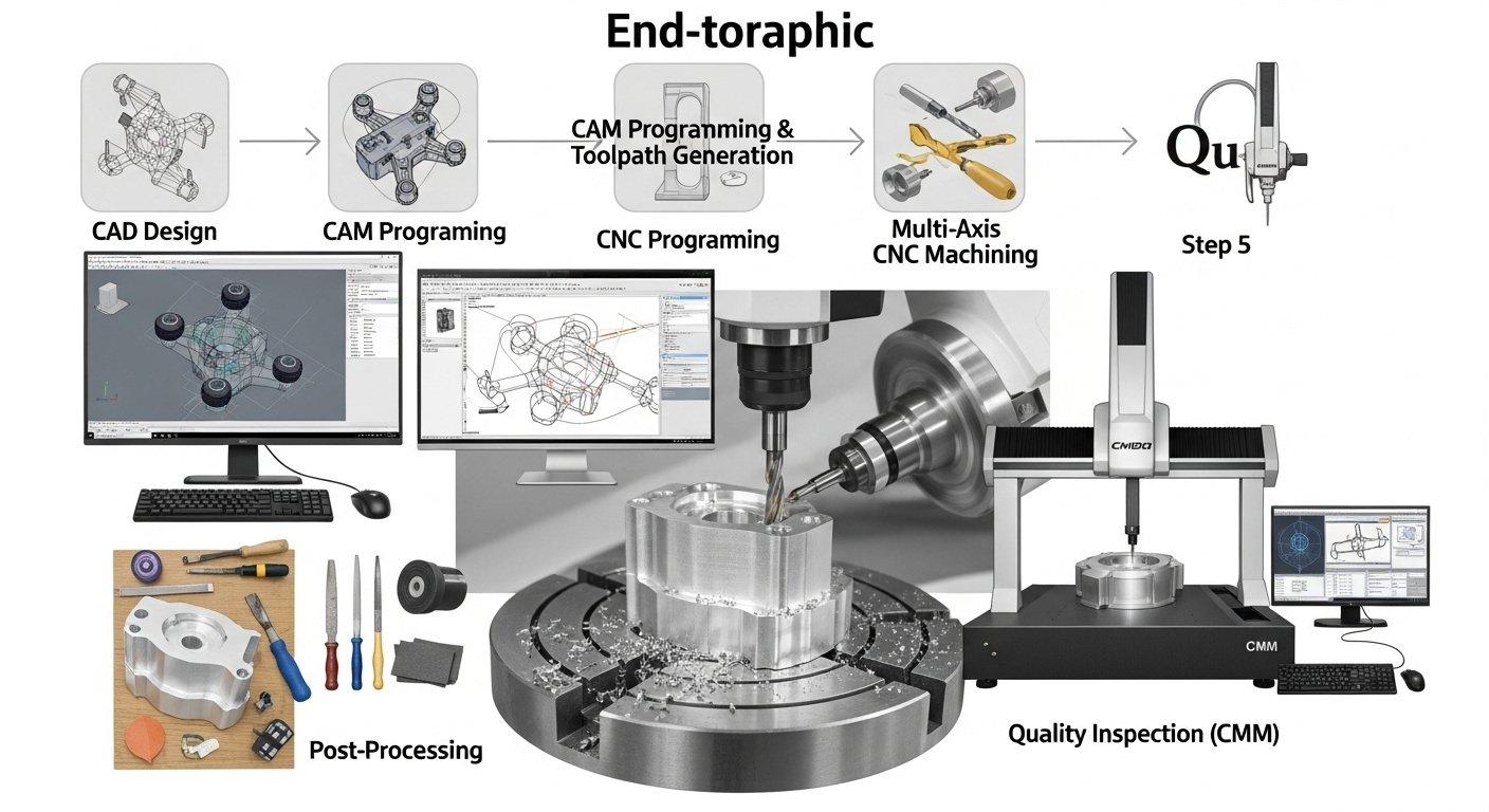 CAD tasarımı ve çok eksenli frezeleme ile CNC işleme sürecinin tamamını gösteren infografik; sonrası işlemler ve CMM kalite kontrolü