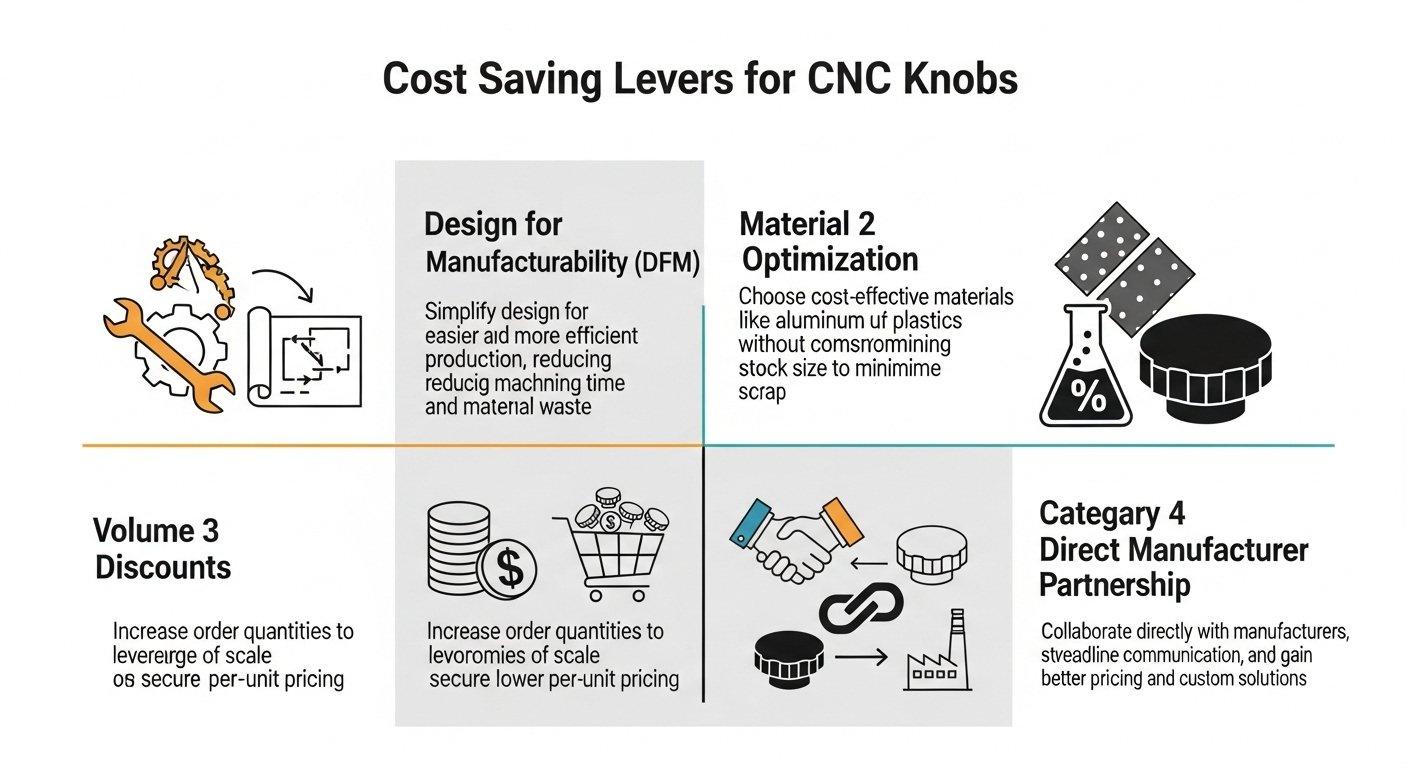 Infografía que detalla estrategias de ahorro de costos para perillas metálicas CNC personalizadas con Diseño para la Fabricabilidad DFM, optimización de materiales y volumen