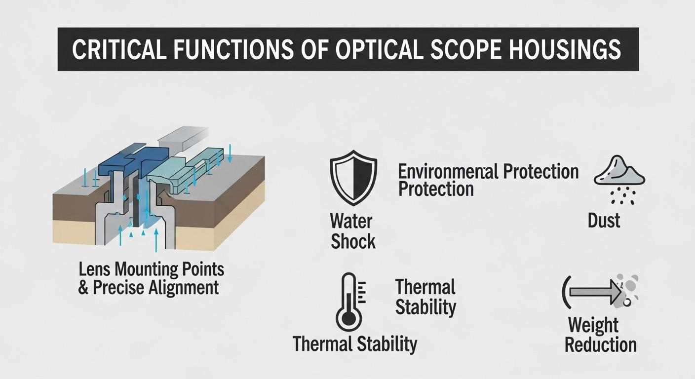 Infografik, die kritische Funktionen von CNC-gefertigten Gehäusen für optische Spektive detailliert darstellt: präzise Linsenjustierung, Umweltschutz gegen Wasser