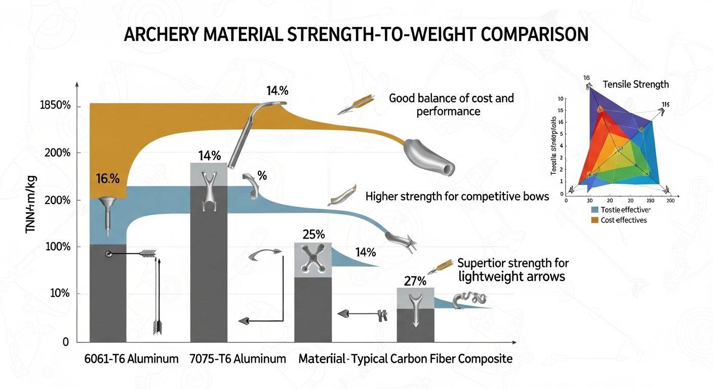 Infographie détaillant la comparaison du rapport résistance/poids des matériaux clés : aluminium 6061 T6, aluminium 7075 T6 et composite de fibre de carbone pour CNC