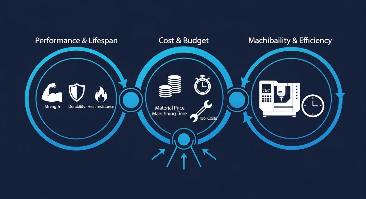 Infographie détaillant l'impact interconnecté de la sélection de matériaux sur trois domaines critiques : Performance, Durée de vie, représentés par des icônes