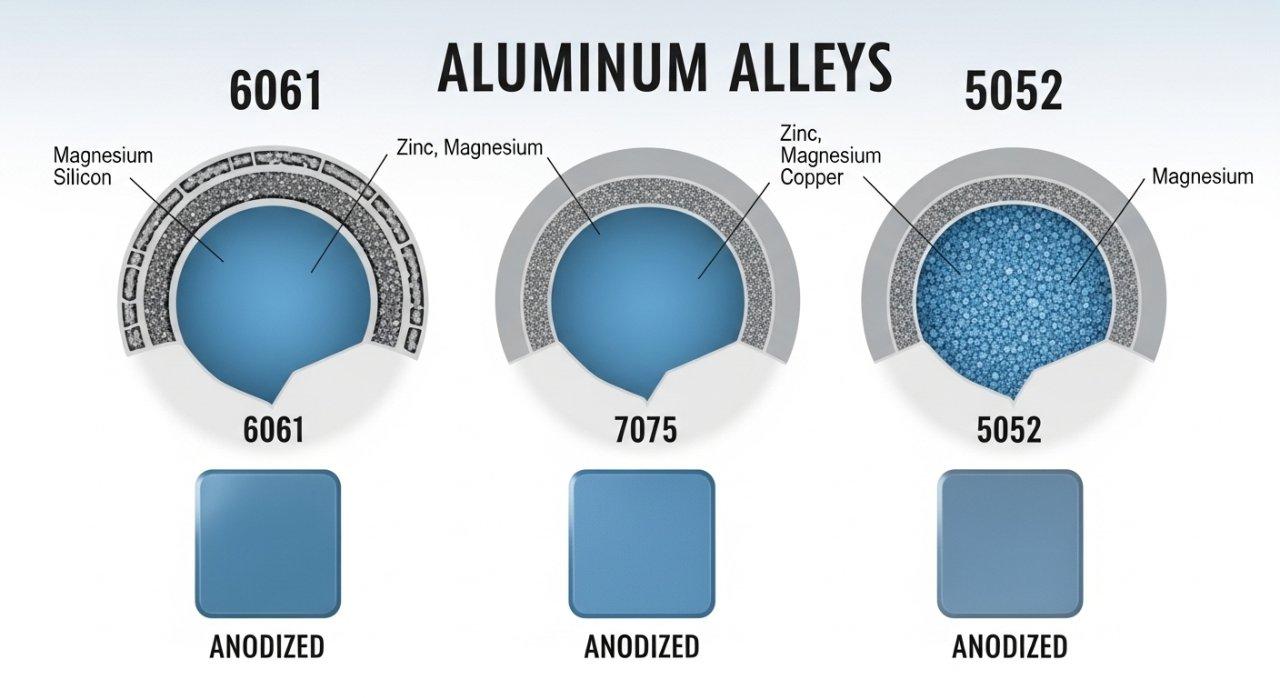 Infographic displaying cross sections of 6061 7075 and 5052 aluminum alloys highlighting their primary alloying elements and demonstrating subt