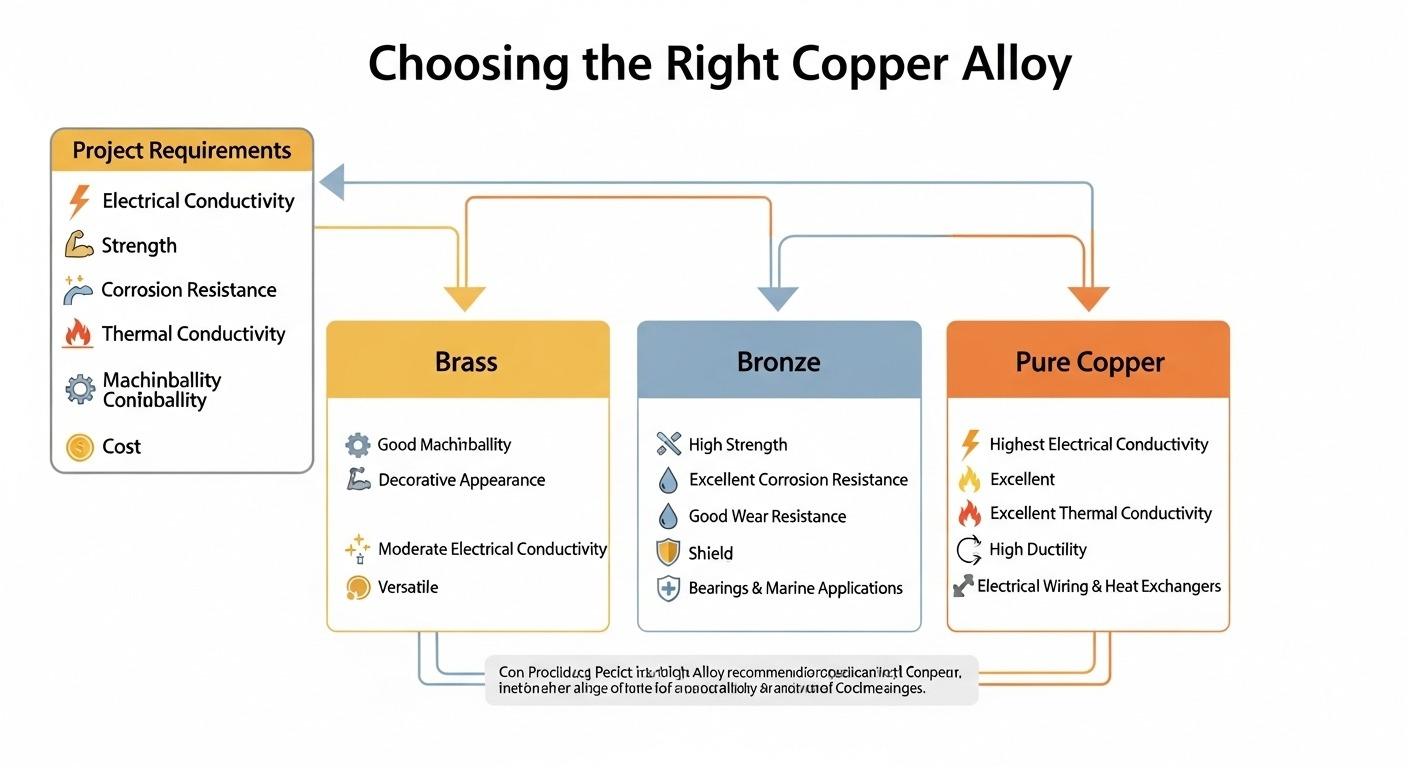 Infographic flowchart for copper alloy selection detailing the decision making process from project requirements electrical conductivity streng